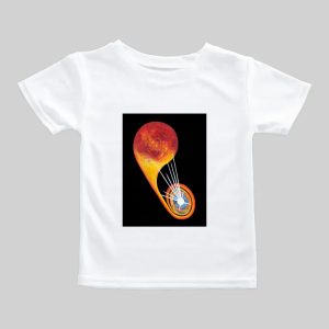 White t-shirt featuring a fiery soccer ball design in motion.