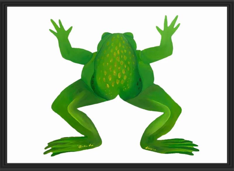 Bright green frog viewed from above with spread limbs.