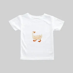White t-shirt with a cute duck illustration on the front.