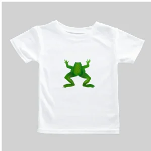 White t-shirt with a green frog graphic in the center.