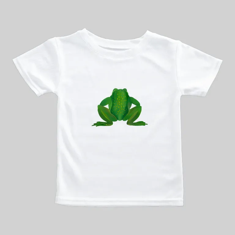 White t-shirt with a simple green frog graphic in the center.
