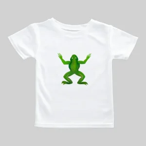White t-shirt with a green frog graphic in the center.