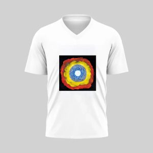 White V-neck shirt with colorful sun and moon graphic.