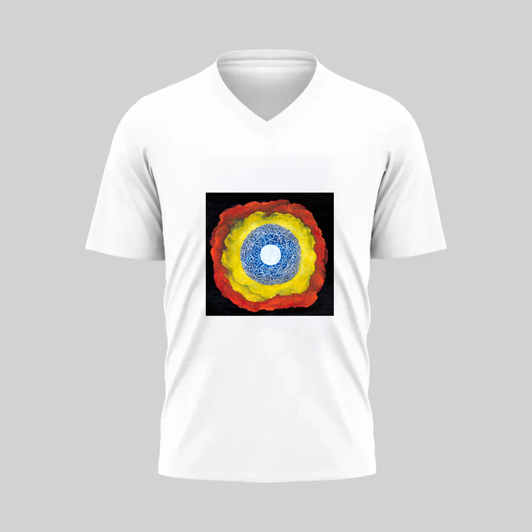White V-neck shirt with colorful sun and moon graphic.