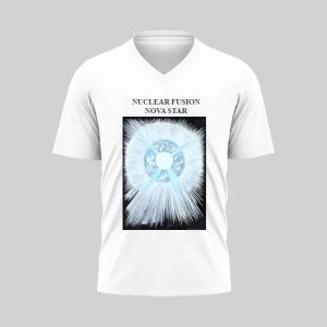 White V-neck T-shirt with a blue circular graphic design in the center.