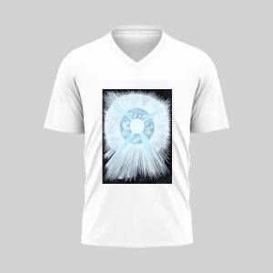 White V-neck T-shirt with a blue and white geometric design on front.