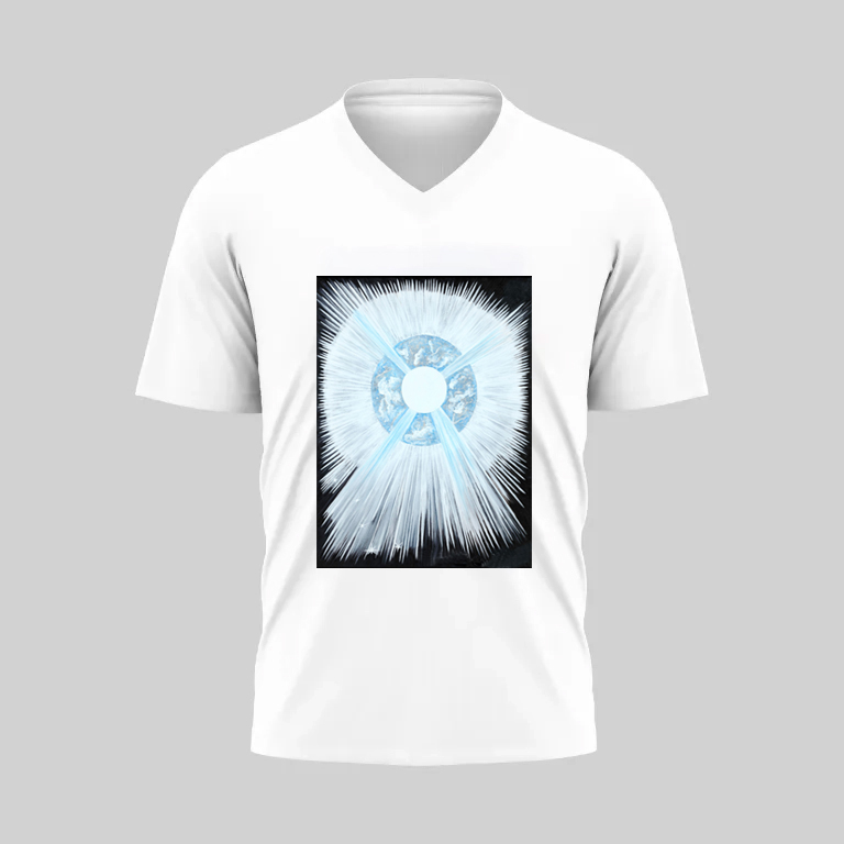 White V-neck T-shirt with a blue and white geometric design on front.