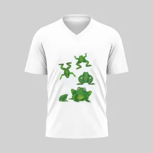 White V-neck T-shirt with green cartoon frogs in various poses.