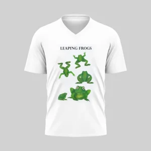 White T-shirt with green leaping frog illustrations and text.