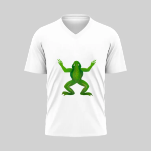 White V-neck T-shirt with a green cartoon frog design.