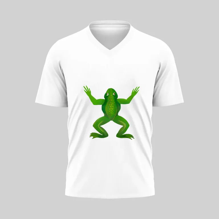 White V-neck T-shirt with a green cartoon frog design.