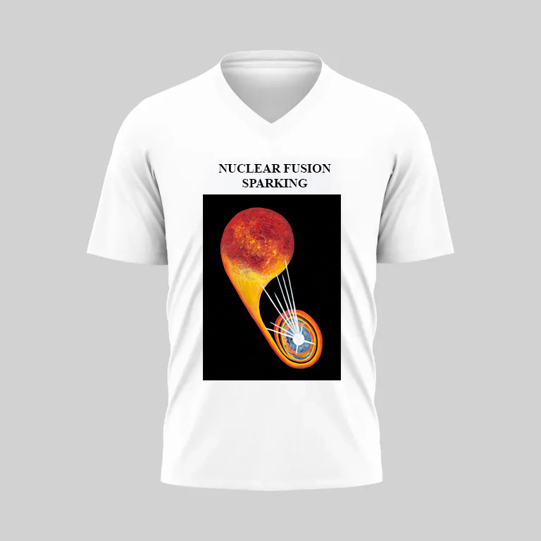 White V-neck T-shirt with a fiery guitar and the text 'Molecular Fusion Sparking'.