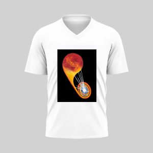 White T-shirt featuring a vibrant, fiery music note graphic.