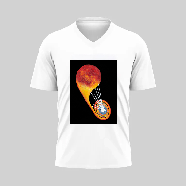 White T-shirt featuring a vibrant, fiery music note graphic.