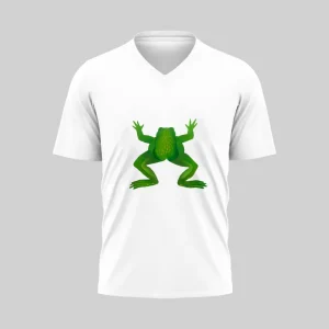 White V-neck T-shirt with a green frog graphic on the front.