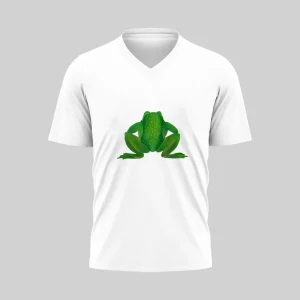 White V-neck T-shirt with a green frog graphic on the front.