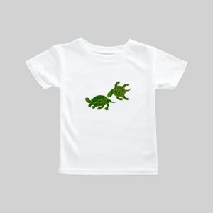 White toddler t-shirt with a green dinosaur graphic.