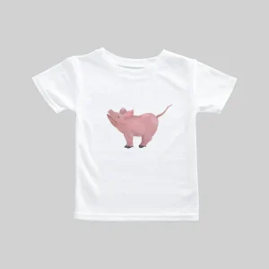 White t-shirt with a pink dinosaur graphic on the front.