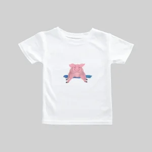 White t-shirt with a pink elephant graphic on the front.