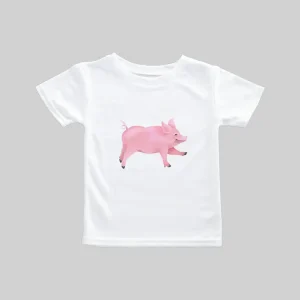 White T-shirt with a pink pig graphic in the center.