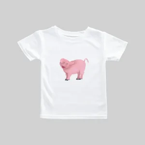 White t-shirt featuring a pink pig graphic in the center.