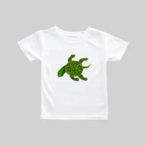 White t-shirt with a green turtle graphic on the front.