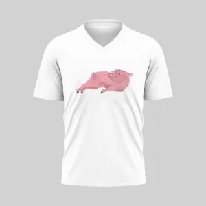 White V-neck T-shirt with a pink pig illustration on the front.