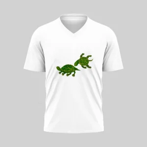 White V-neck T-shirt with a green dinosaur graphic.
