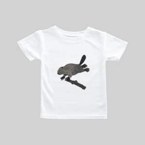White t-shirt with a black rabbit silhouette graphic.