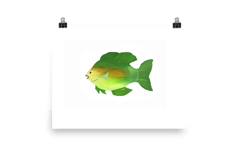 A vibrant green fish with yellow accents on a white background.