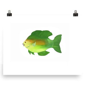 A vibrant green fish with yellow accents on a white background.