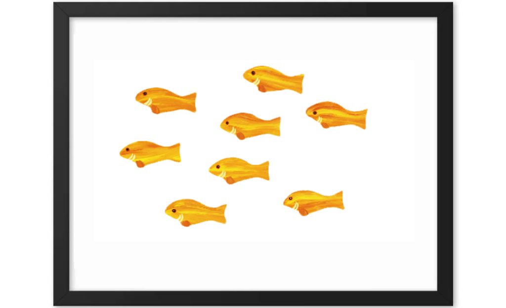 Seven orange fish illustrations arranged in a grid on a white background.