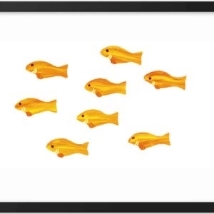 Seven orange fish illustrations arranged in a grid on a white background.