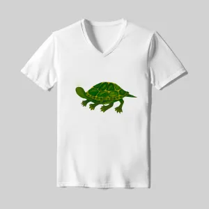 White V-neck shirt with a green turtle graphic.