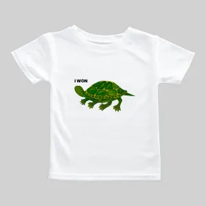White T-shirt with a green turtle graphic and text saying 'I know'.