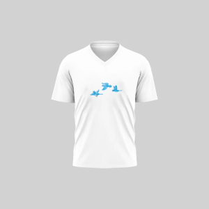 White V-neck T-shirt with blue birds graphic design.