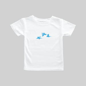 White T-shirt with a blue abstract design on the chest.