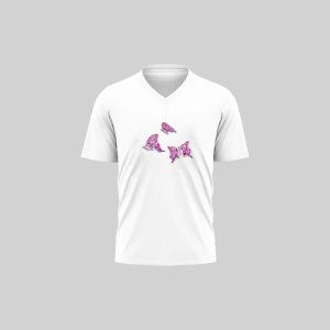 White V-neck shirt with pink flamingo design.
