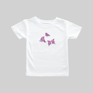 White t-shirt with three purple butterfly designs on the front.