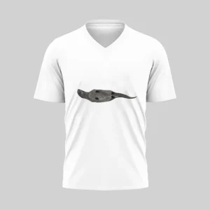White V-neck T-shirt with a black and gray tadpole graphic.