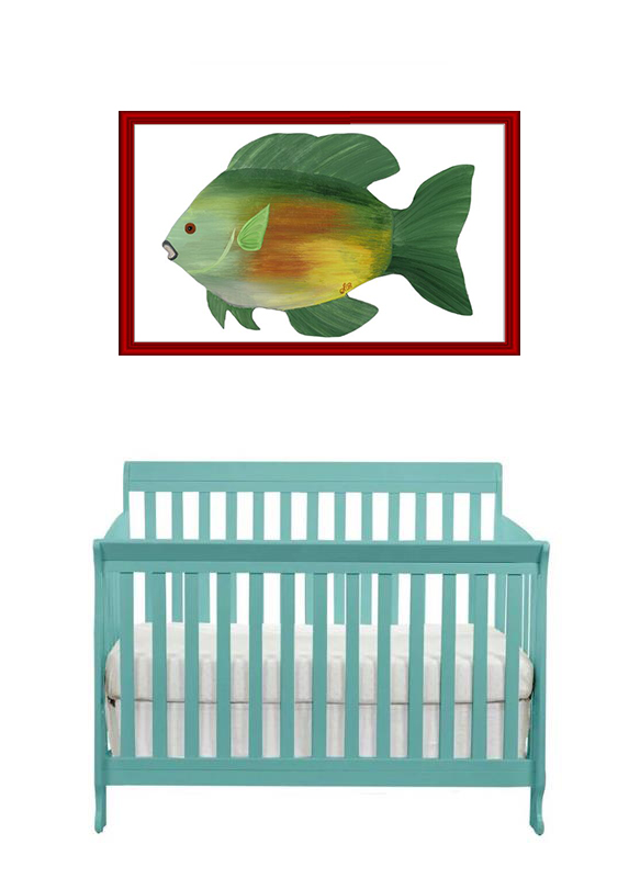 Colorful fish illustration above a blue baby crib.