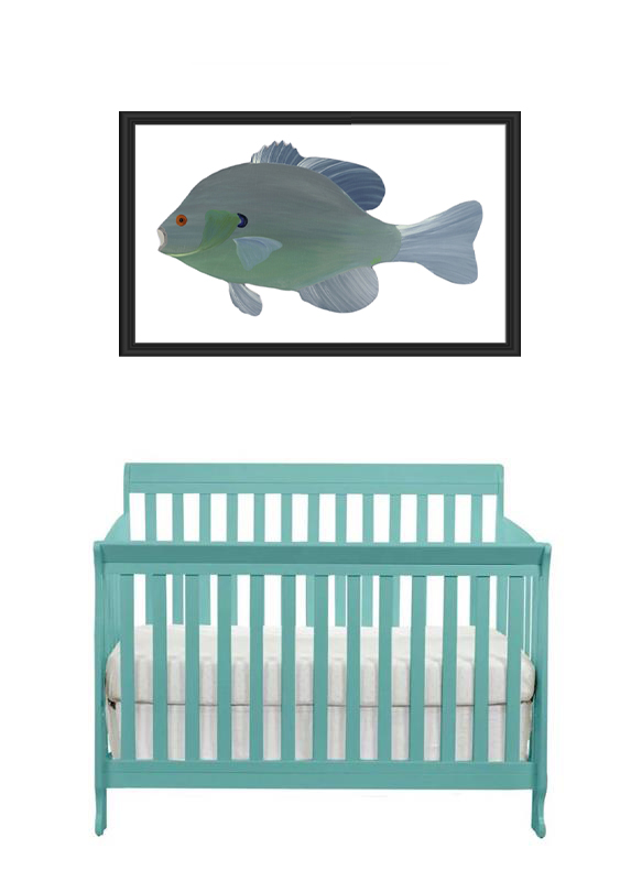 Nursery wall art of a blue fish above a teal crib.