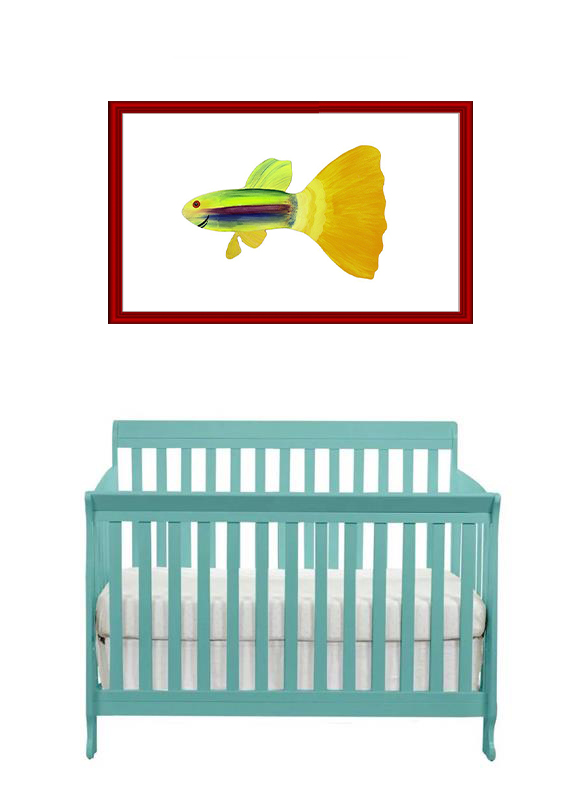 Yellow flower wall art above a turquoise baby crib.
