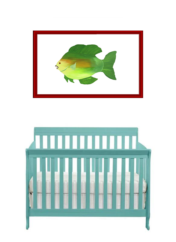 A colorful fish painting above a blue baby crib.