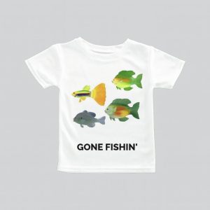 White t-shirt with colorful fish illustrations and 'GONE FISHIN'' text.