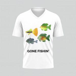 White V-neck T-shirt with colorful fish and 'GONE FISHIN'' text.