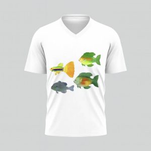 White V-neck t-shirt featuring colorful fish illustrations.