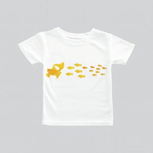 White t-shirt with a yellow fish and smaller fish design.