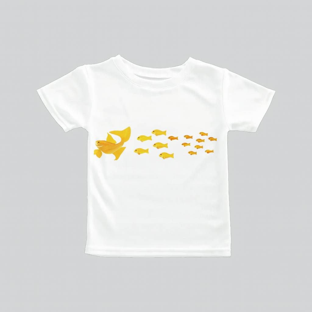 White t-shirt with a yellow fish and smaller fish design.