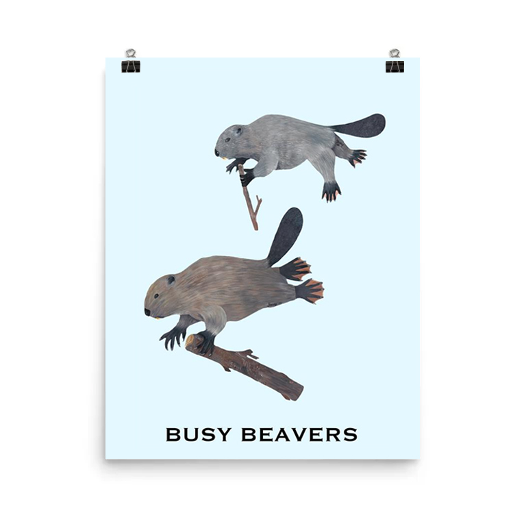 Illustration of two beavers working with the text 'Busy Beavers'.